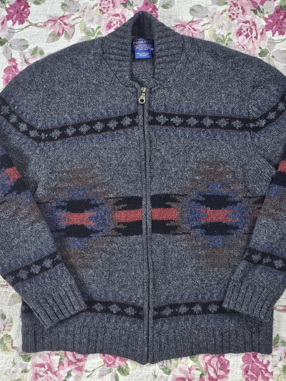 Pendleton Men's Wool Knit Full Zip Mock Neck Sweater Gray Geometric M